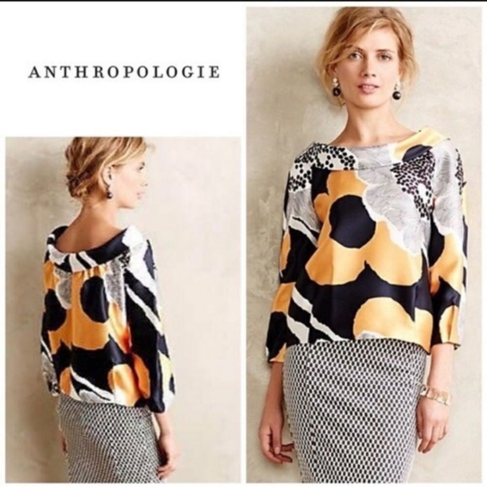 Anthropologie Raoul For Made In Kind Black/White/Gold‎ Floral Boatneck Top Sz 4